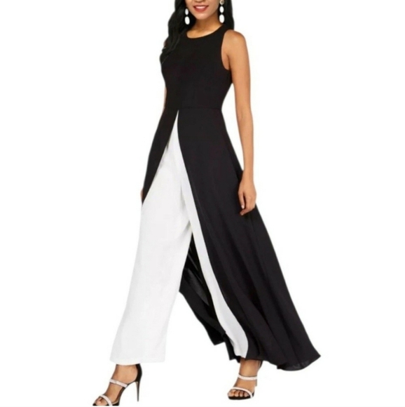 Adrianna Papell Black Crepe Overlay Sleeveless Jumpsuit Size 10 - Picture 2 of 11